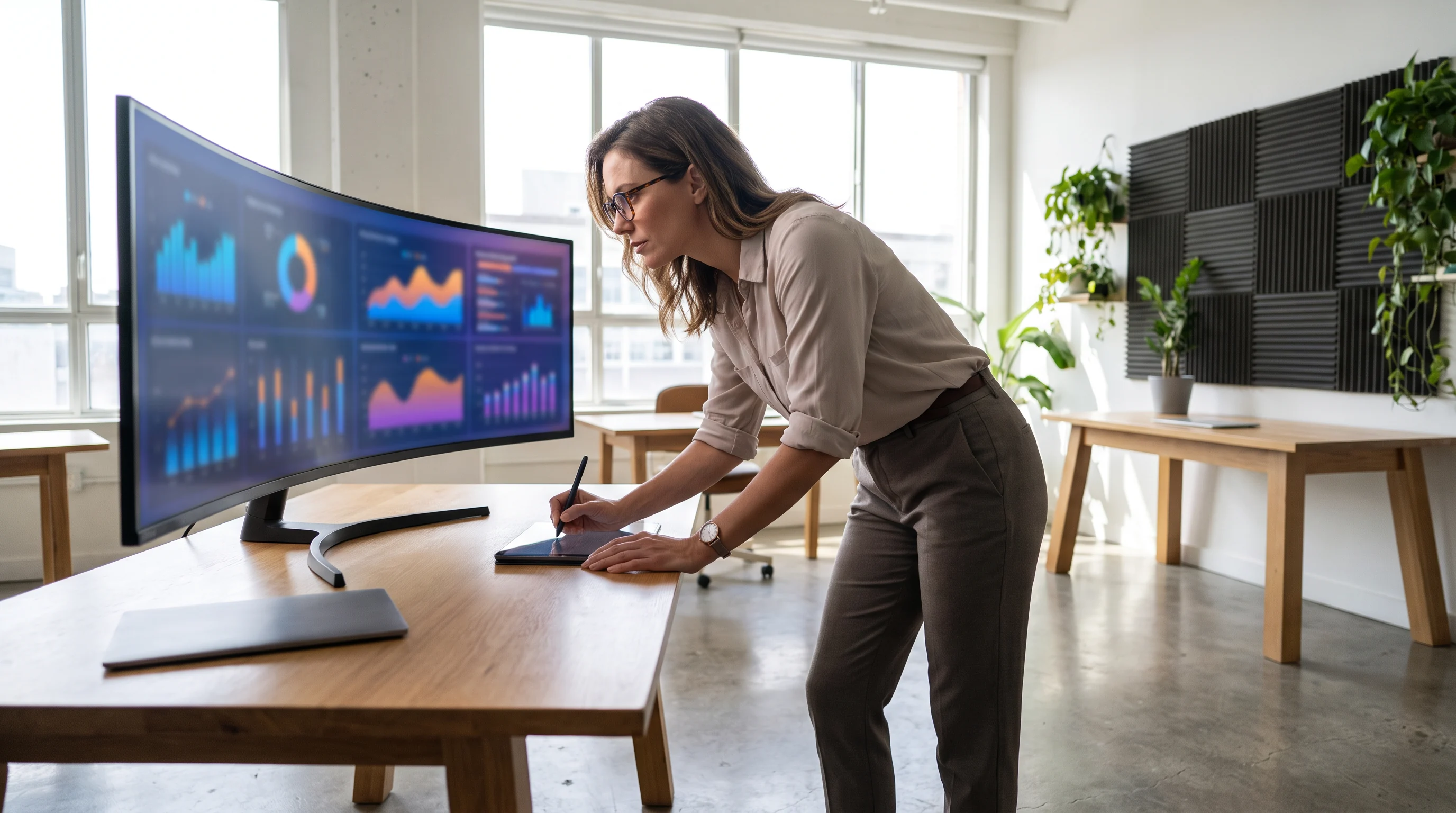 Marketing analyst considering campaign trends in a studio