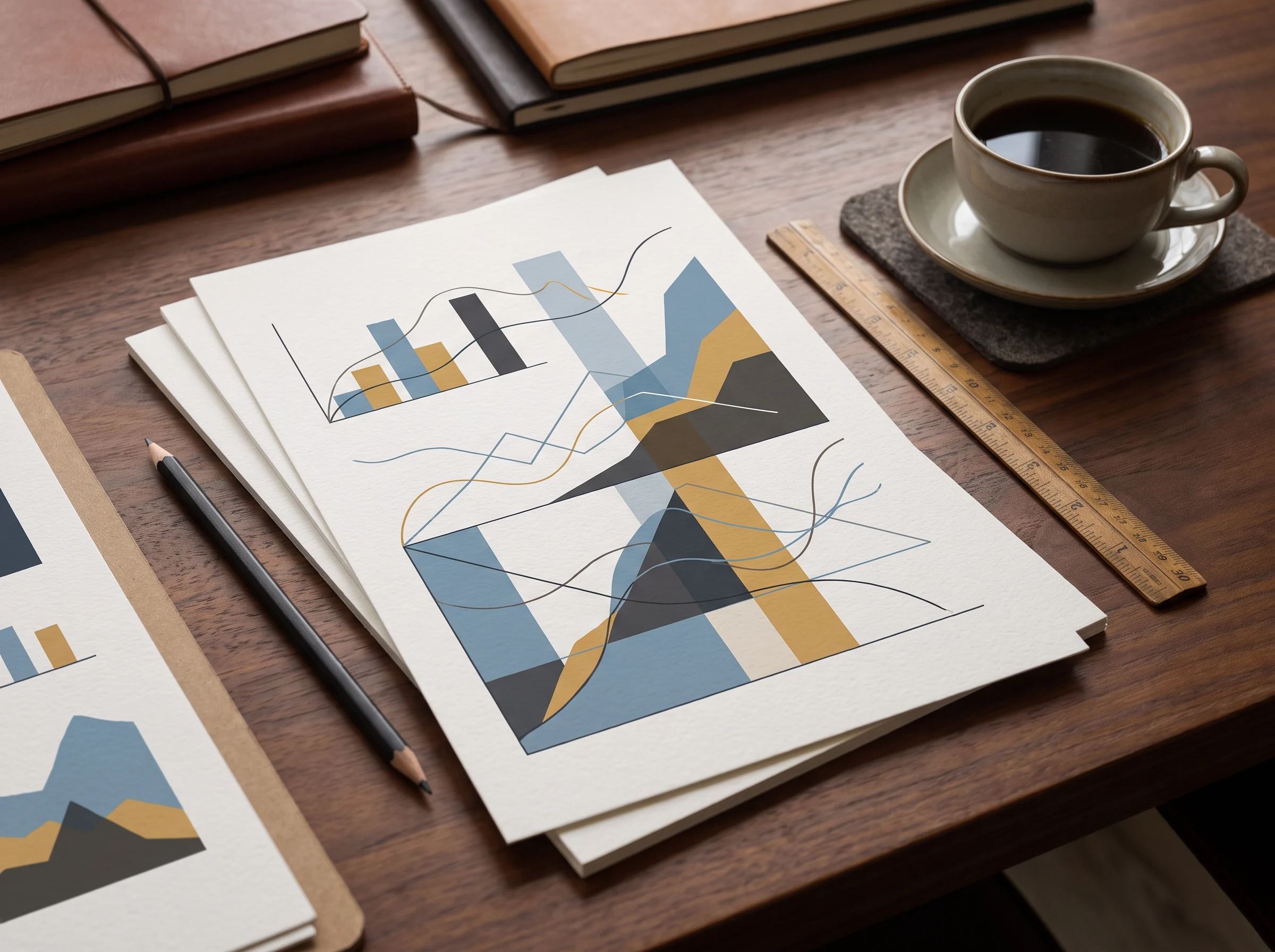 Analytics printouts and planning tools on a desk